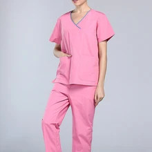 Розовый Для женщин якобы из Обёрточная бумага Спецодежда для медсестер комплекты стоматолог Медицинские костюмы Костюмы Рубашка с короткими рукавами спа косметичка врачебные униформы N021