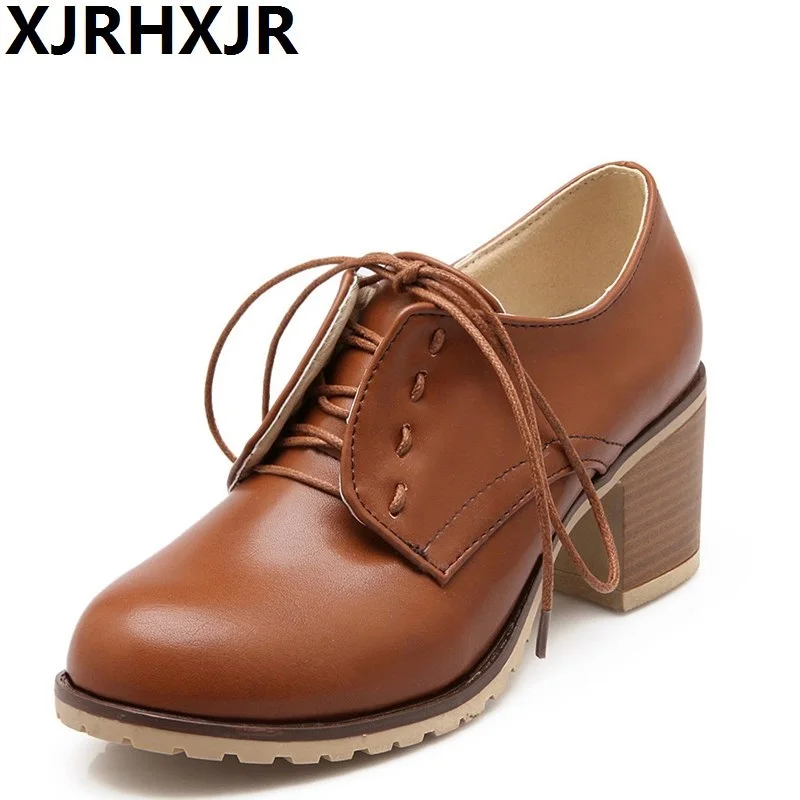 

XJRHXJR New Spring Autumn Lace Up Single Shoes Woman Fashion Round Toe Thick Heel British Style Women Leather Shoes Ladies Pumps