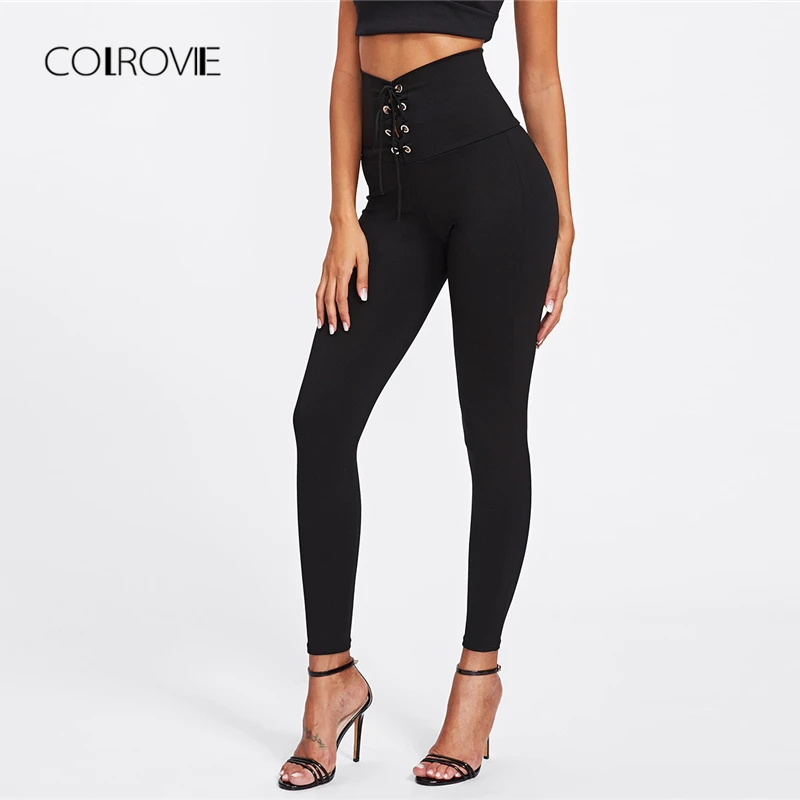 Baratos Pantalones ajustados de cintura alta de primavera collovie negro Empire Eyelet Lace Up Sexy Leggings mujeres elegantes Pantalones deportivos