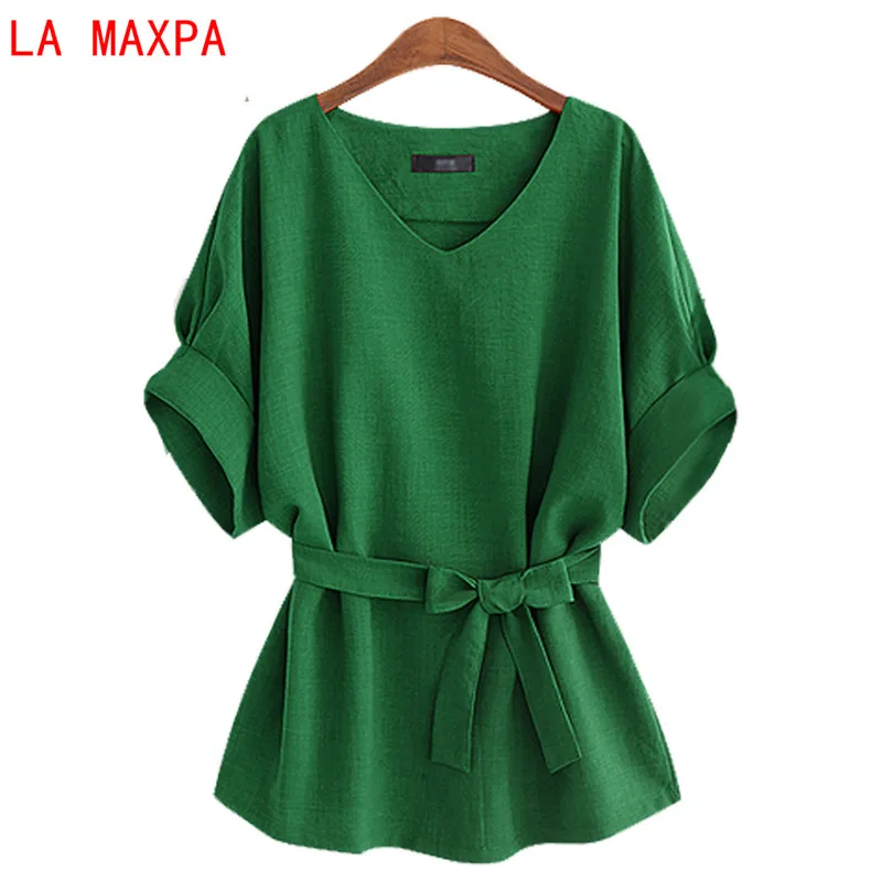 

Women Summer New Batwing Sleeve V-Neck Solid Bow Linen Shirt Summer Casual Loose Tops Blouses Shirts Plus Size Tops Shirts