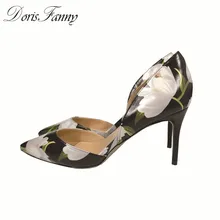DorisFanny pointed-toe stiletto heels shoes flower printed white black women’s shoes sexy high heels pumps free shipping