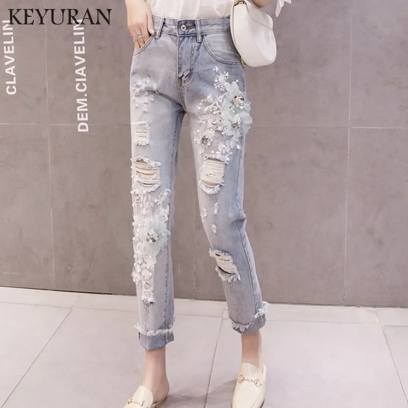 

2019 Summer vintage Boyfriend Bead Embroidery Women Sequin Burr Jeans Female Hole Ripped Jeans woman Denim skinny pencil pants