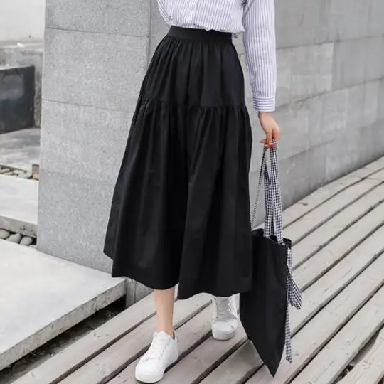 Japan Style High Waist Black Skirt Spring Autumn Women Elastic Waist