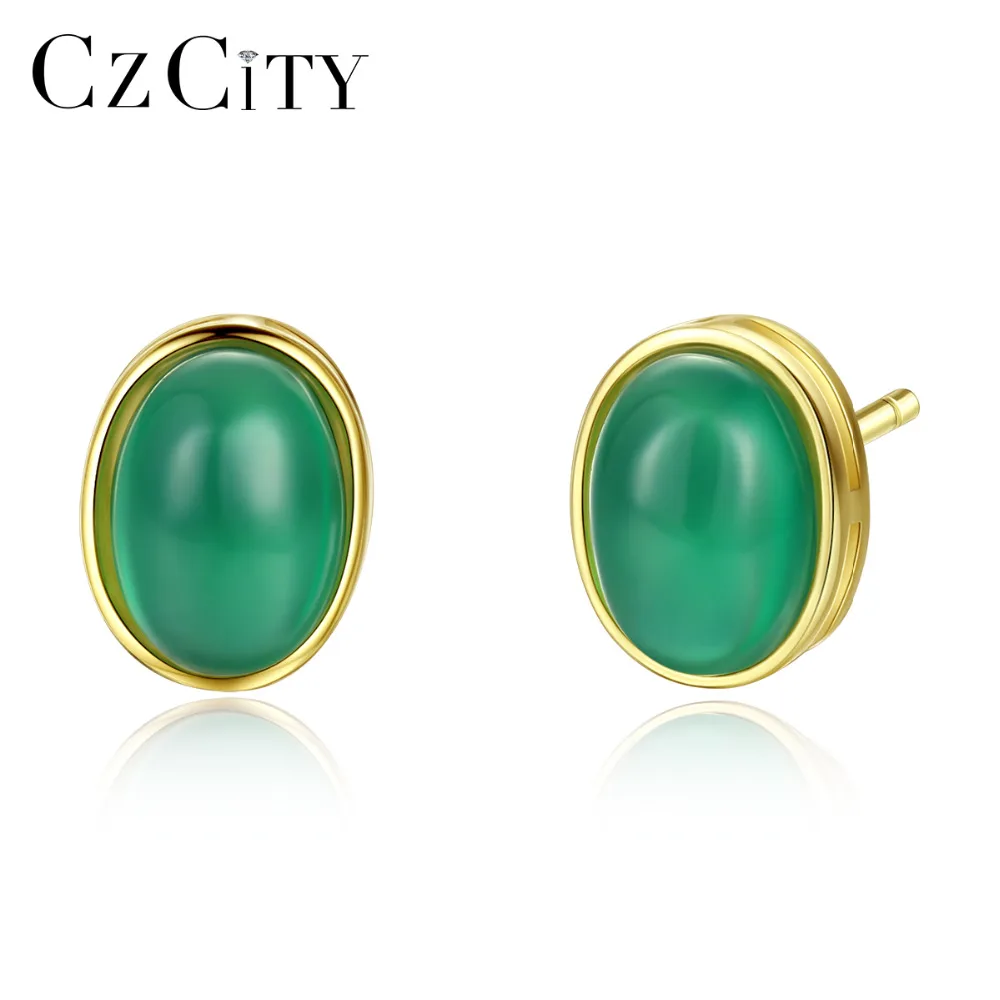 

CZCITY Oval Design Pure 925 Sterling Silver Emerald Stud Earrings for Women Gemstone Gold Color Christmas Charming Fine Jewelry