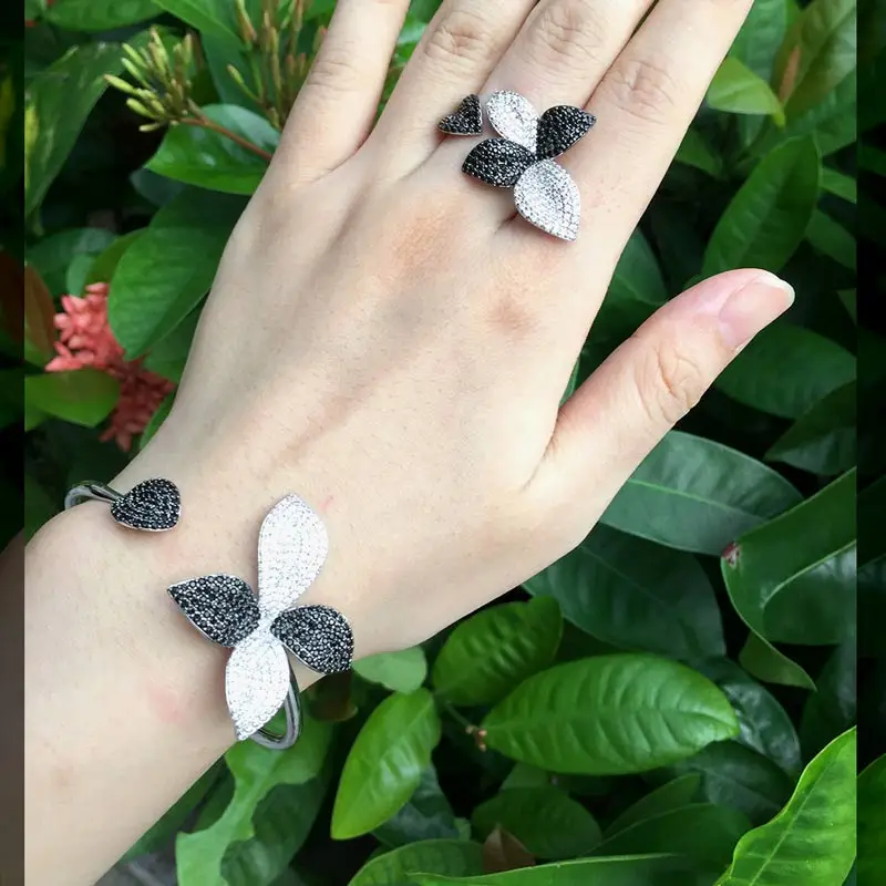 ModemAngel роскошный цветок лист микро кубический цирконий проложить для женщин обручение вечерние подарочные браслеты браслет и кольцо - Окраска металла: Имитация родиевого покрытия