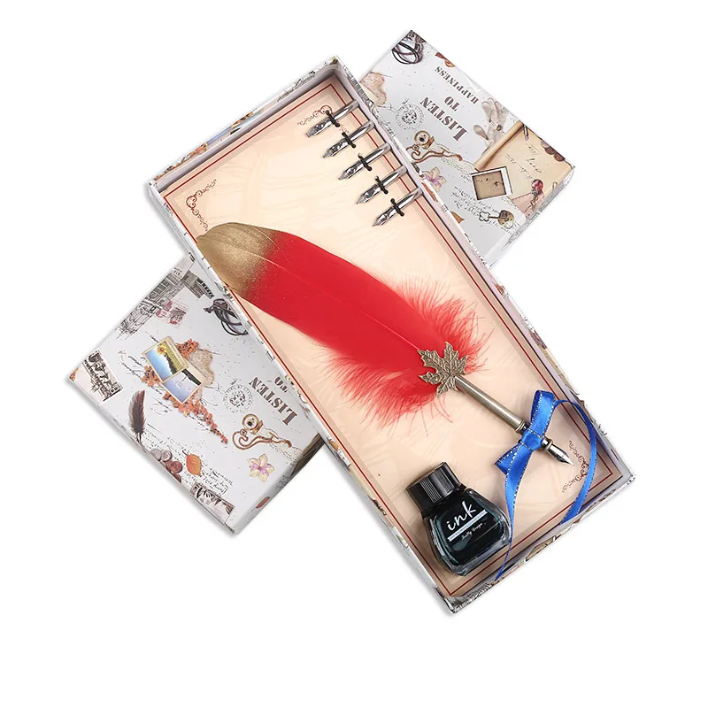 

1Set Calligraphy Turkey Feather Dip with 5 Nib Gift Quill Pen Writing Ink Set Gift Box Wedding Fountain Pen New Dawegama