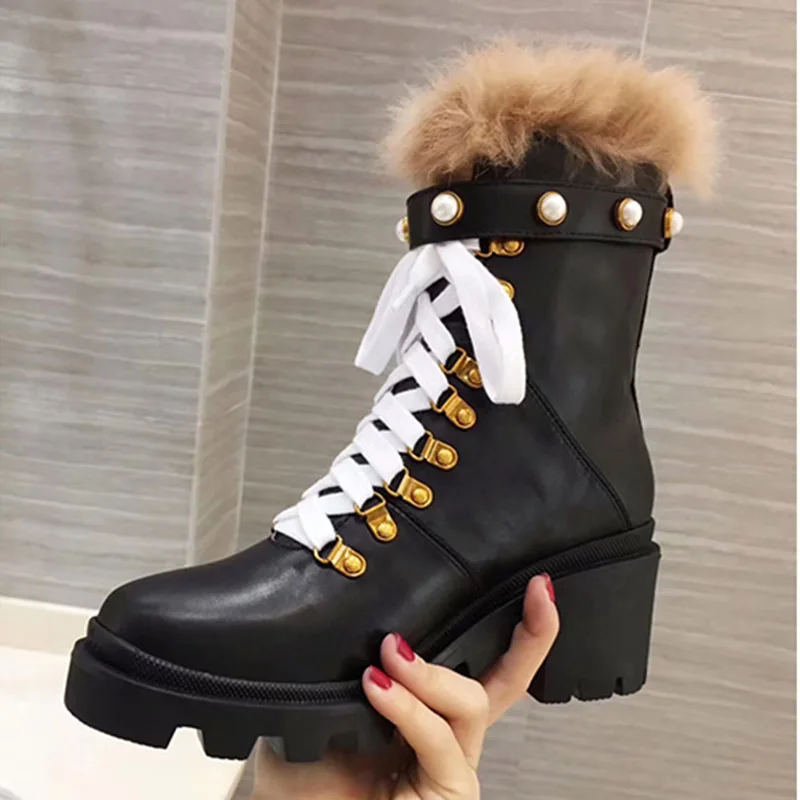 Real Leather Black Ankle Boots Women Round Toe Mixed Color Pearl Rivet High Heel Boots Woman Fashion Martin Boots