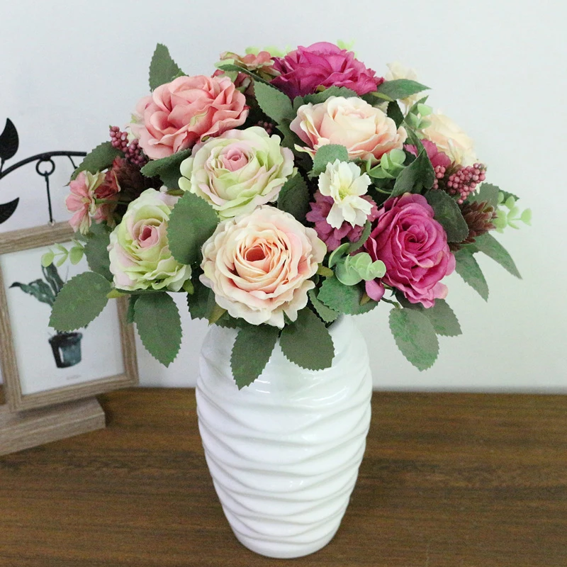JAROWN Artificial Flowers Silk Plastic Flowers Pinecone Roses Bouquets Flower Bouquet For Wedding Home Party Decoration Decor (11)