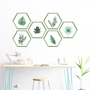 

Green Plants Leaf Hexagon Photo Frame Wall Decals Home Decor Living Room Bedroom 17*19cm Wall Stickers Pvc Wallpaper Accessories