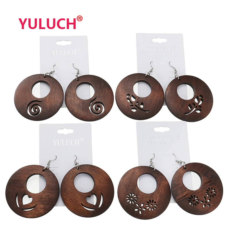 

YULUCH Wooden Hollow Design African Earrings Set for Personality Fashion Women Popular Jewelry Girl Earrings 4 Pairs of Gifts