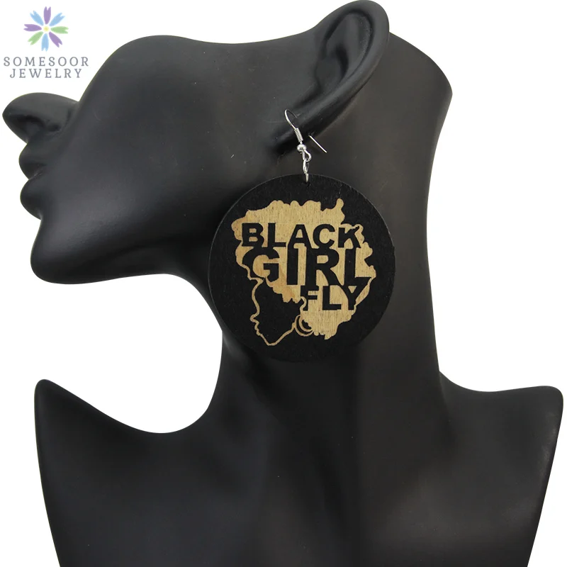 

SOMESOOR Carved Afro Natural Hair Wooden Drop Earrings Black Girl Fly 6CM Large Handmade African Black Ear Jewelry Women Gift