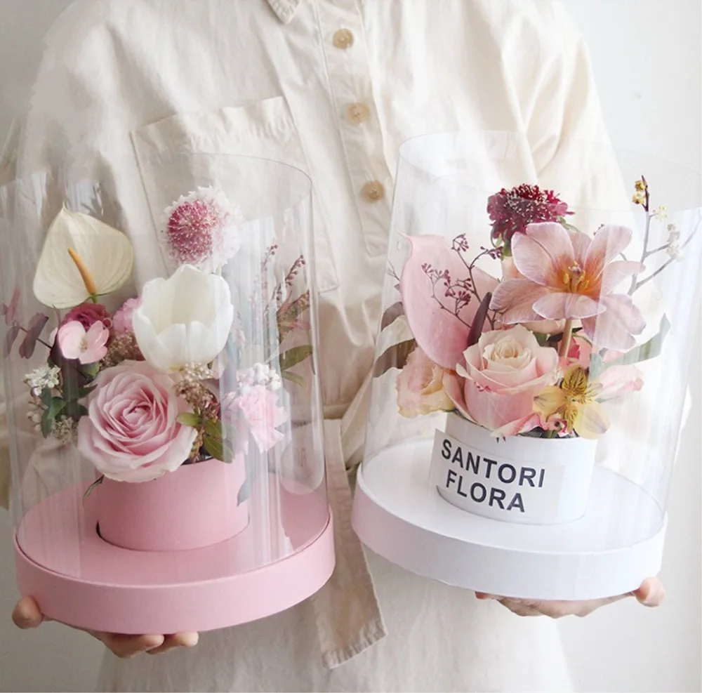 

PVC Clear Round Flower Box With Lid Floral Arrangement Elegant Gift Box For Wedding Decoration