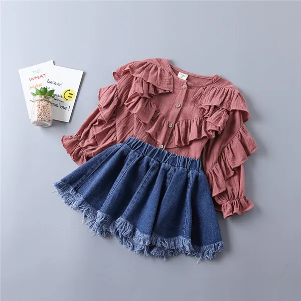 Комплект для девочек, детский комплект одежды, детская хлопковая комбинированная блузка+ джинсовая юбка, комплект принцессы из 2 предметов, летняя одежда для маленьких девочек 2-6 лет - Цвет: set