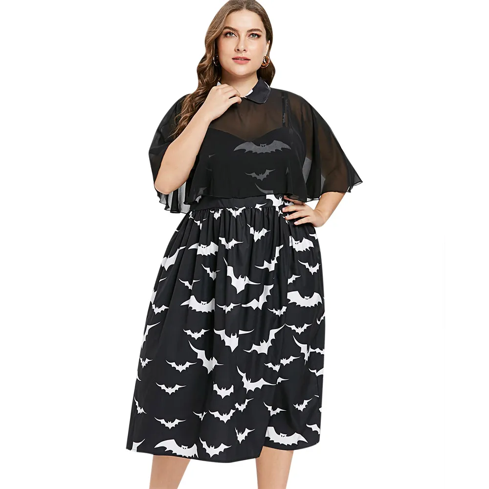 

Wipalo Plus Size Bat Print Capelet Dress Vintage Women Peter Pan Collar A Line Retro Dress Halloween Party Dress 4XL Vestidos
