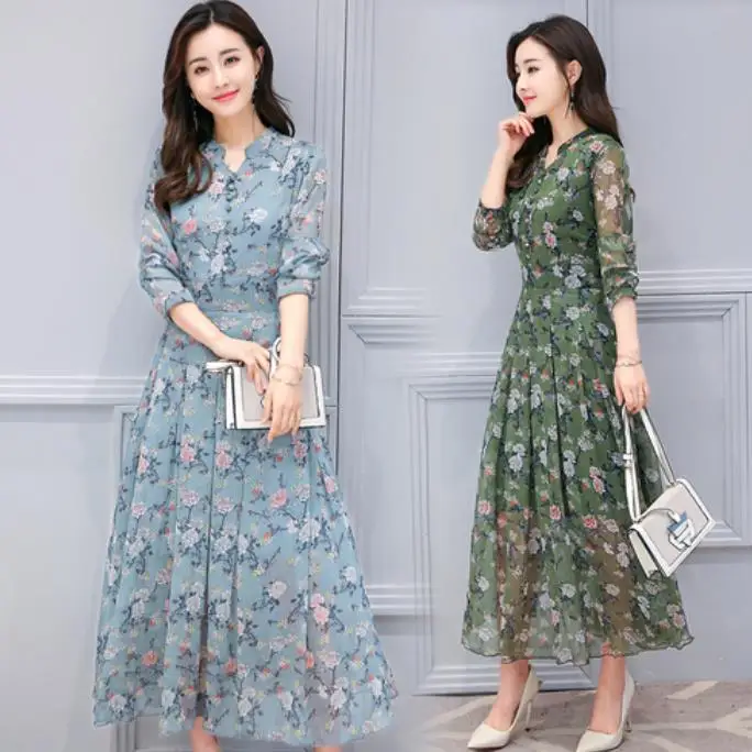 

2019 Spring Floral Slim Fit Chiffon Dress with Full Regular Sleeve Female V-Neck Mid-Calf Flower Prints Bohemian Dresses LM19