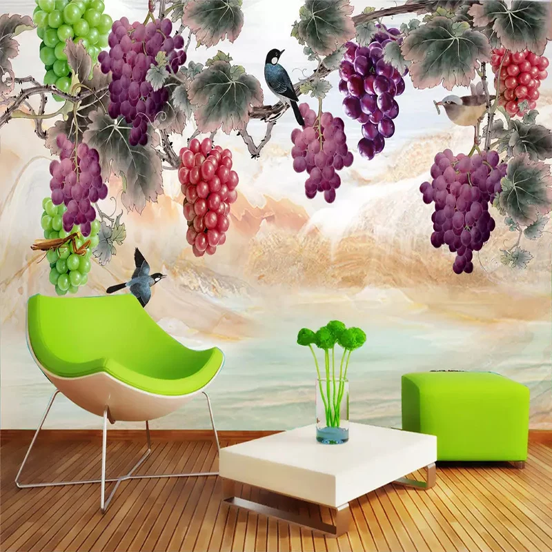Пользовательские 3D настенные фрески обои китайский стиль ручная роспись фиолетовый виноград цветы Птицы Искусство Настенная живопись гостиная спальня