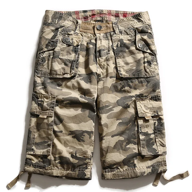 Мужские военные камуфляжные свободные карго шорты новые Брендовые повседневные короткие брюки мужские горячая Распродажа хлопок Удобная одежда без пояса - Цвет: KHAKI