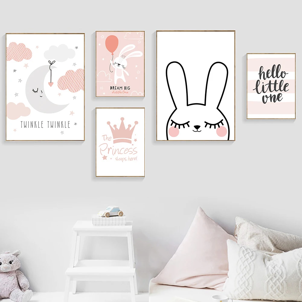 

Cartoon Rabbit Paintings Wall Art Nursery Moon Canvas Painting Wall Picture Nordic Picture Living Room Decor Picture Unframed