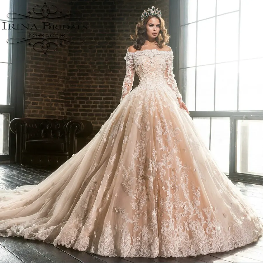 Wedding Champagne Wedding Dresses online buy wholesale champagne wedding dresses from china luxury boat neck long sleeve lace appliques flowers puffy dress 2017china