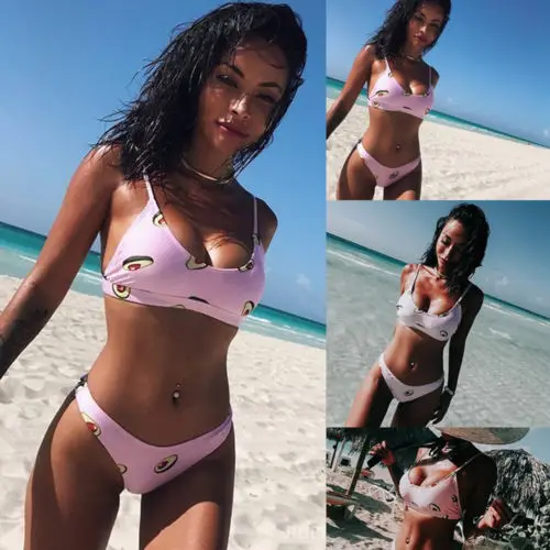 

2018 New Brazilian Sexy Womens Avocado Bikini Set Pink Bandeau Tops Push Up Padded Traingle Swimsuit Summer Bath Beach Swimwear