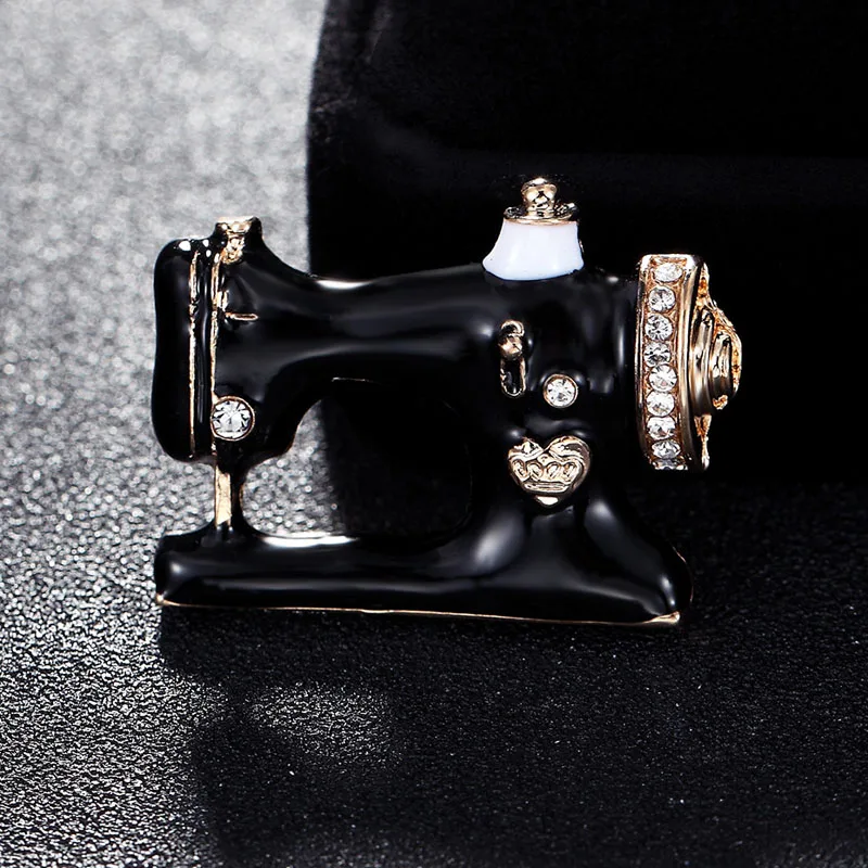 fashion black Enamel Sewing Machine Brooches For Women Gold Color