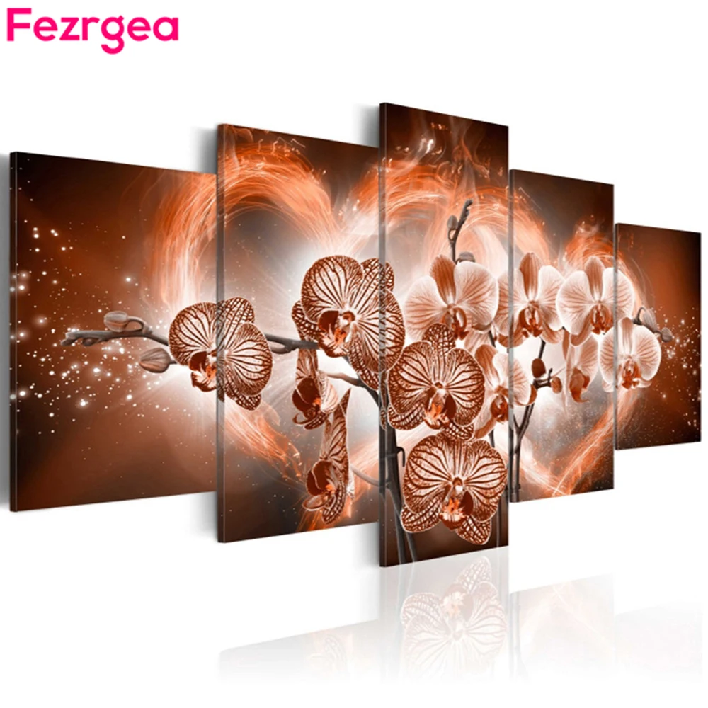 

5D DIY Diamond Embroidery Flower Orchid Diamond Painting Cross Stitch Full Round Rhinestones Mosaic 5pcs Multi-Picture Decor