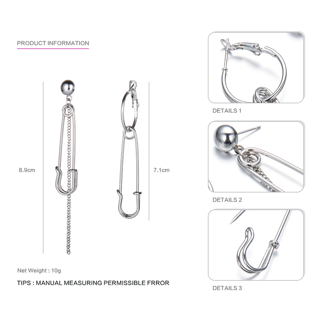 SKEINS Safety Brooch Pin Earrings Clip Geometry Big Long Chain Earrings