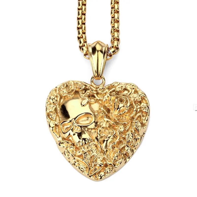 Flor Rosa Sklll Colgante Corazón Collar de Regalo de La Joyería de Hip Hop de Moda de Acero Inoxidable Collar de Cadena de Oro Collar de Moda 23in