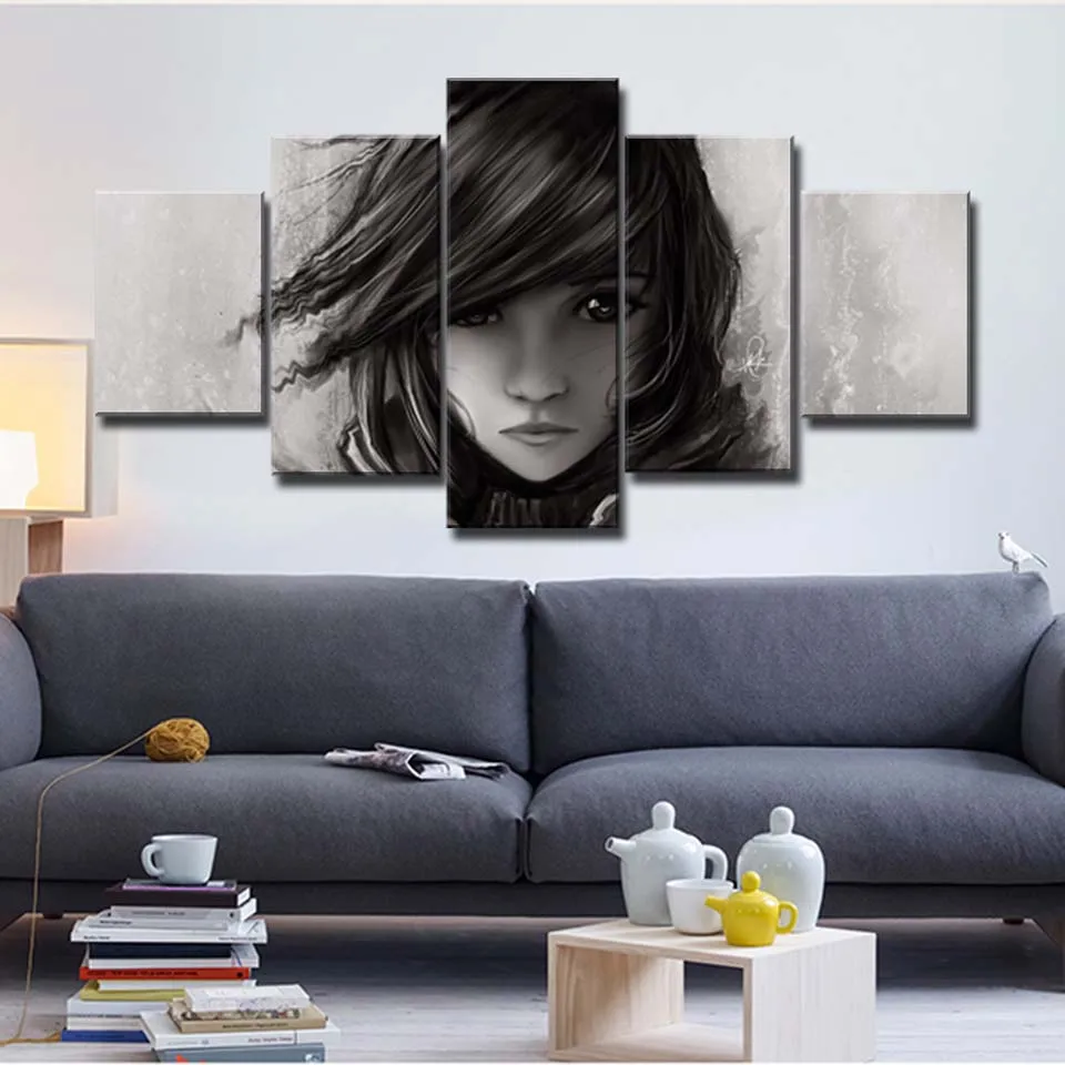 Canvas-Posters-Home-Decor-Wall-Art-Framework-5-Pieces-Black-and-White-Girl-Paintings-For-Living (1)