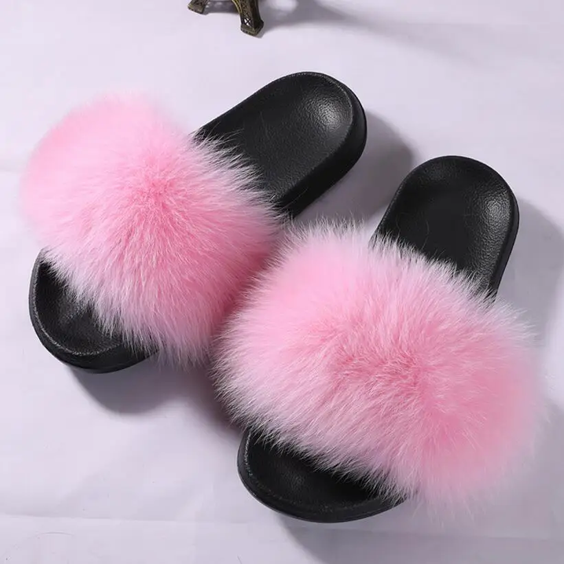 

FXFURS 2019 New Women 100% Real Fox Fur Slippers Summer Fashion Fur Sandals Beach Sandal Shoes Fluffy Comfy Furry Flip Flops