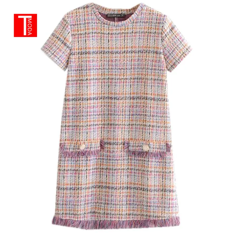 TMODA298 2020 осеннее женское милое твидовое мини платье с кисточками в стиле пэчворк