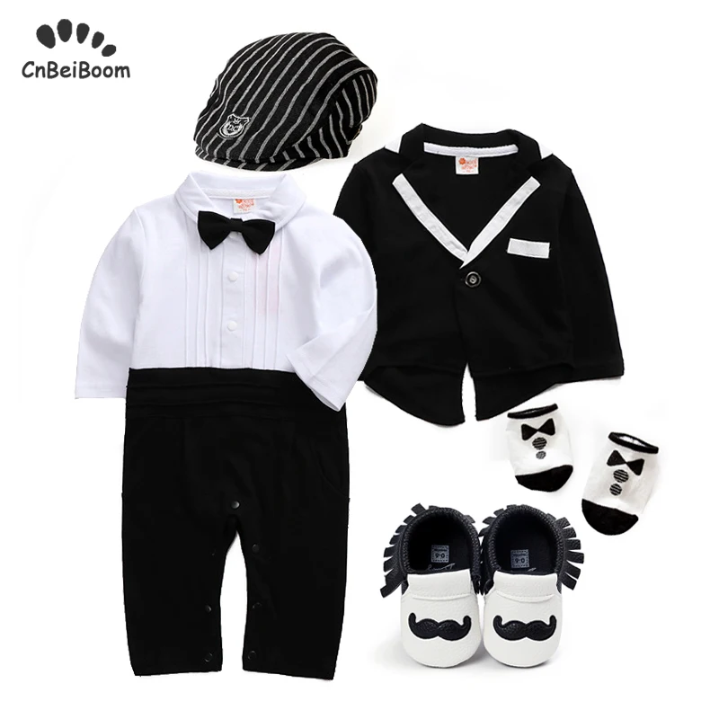 

Baby Tuxedo formal romper sets boys wedding suit 1 2 first birthday party clothes newborn rompers + coat + shoes+socks +hat 5pcs