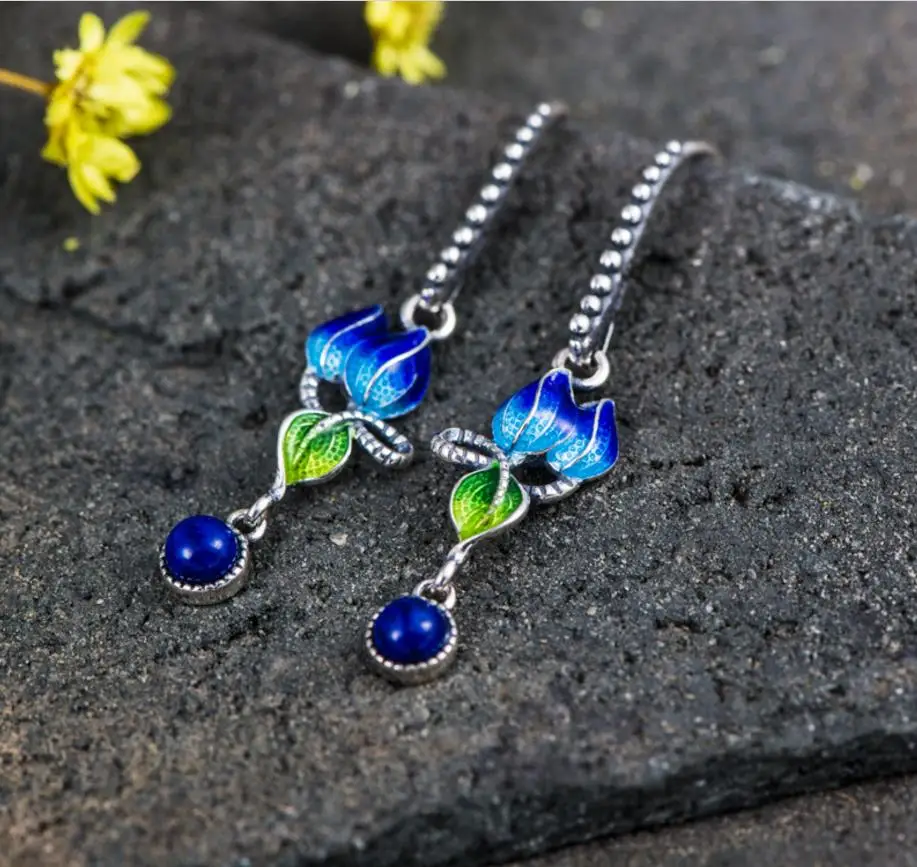

Fashion Jewelry Cloisonne Hand Made 925 Solid Silver Natural Lapis stone Woman Precious Stone Cute Romantic Dangle Earrings