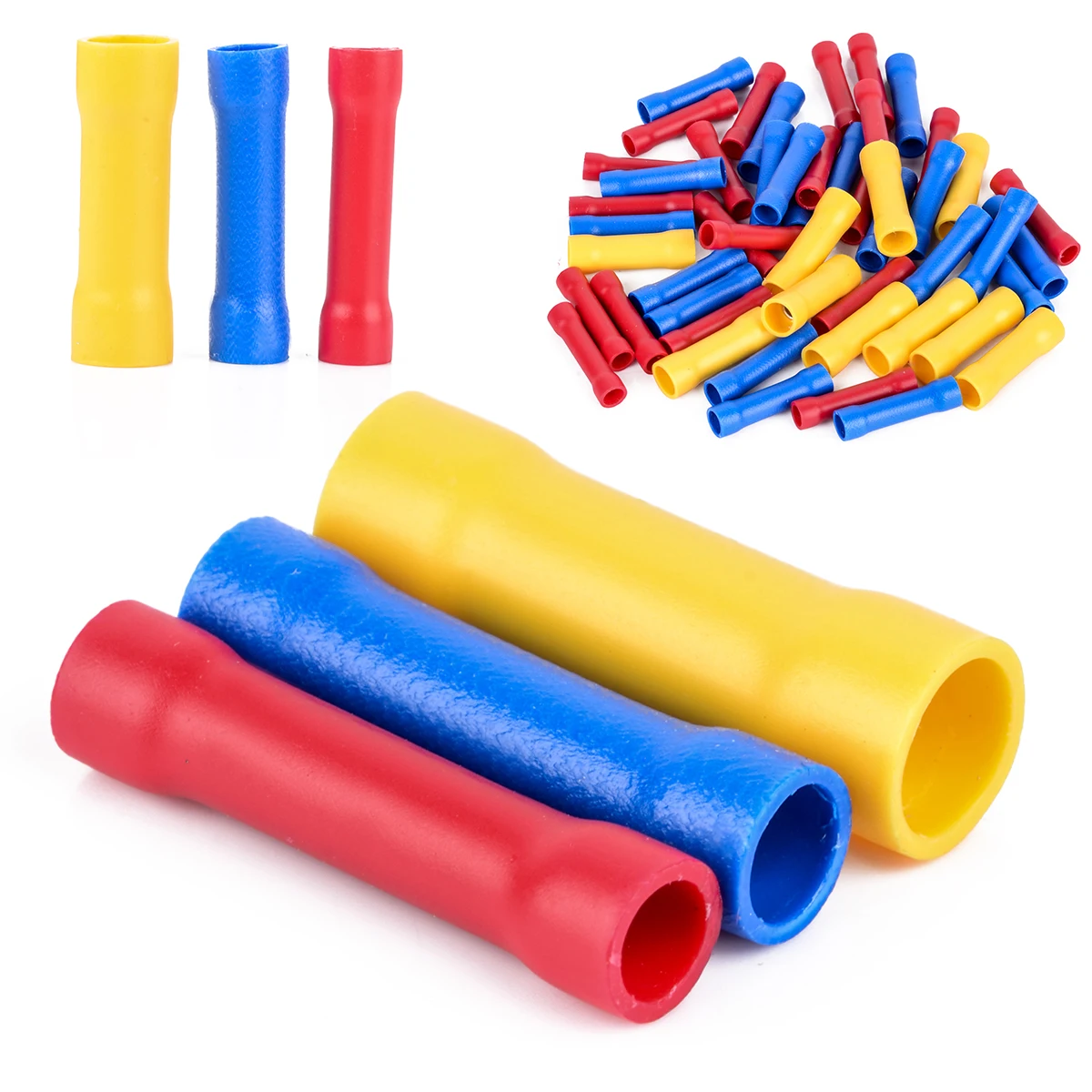 

50pcs Excellent Stretch Butt Terminals Insulated Straight Butt Connectors Electrical Crimp Terminals Assorted Kit 3 Colors