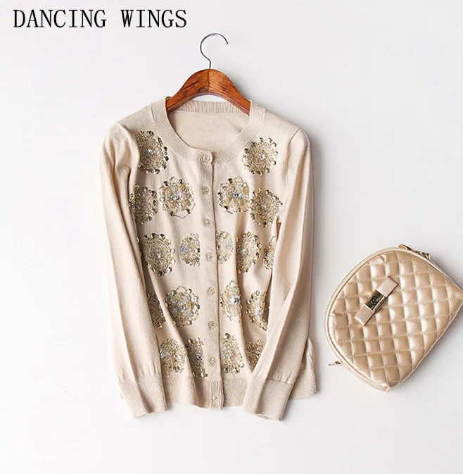 

Spring Heavy Beaded Sequins Thin Cardgain Women's Long Sleeve Wool Sweater Casual Knitted Tops