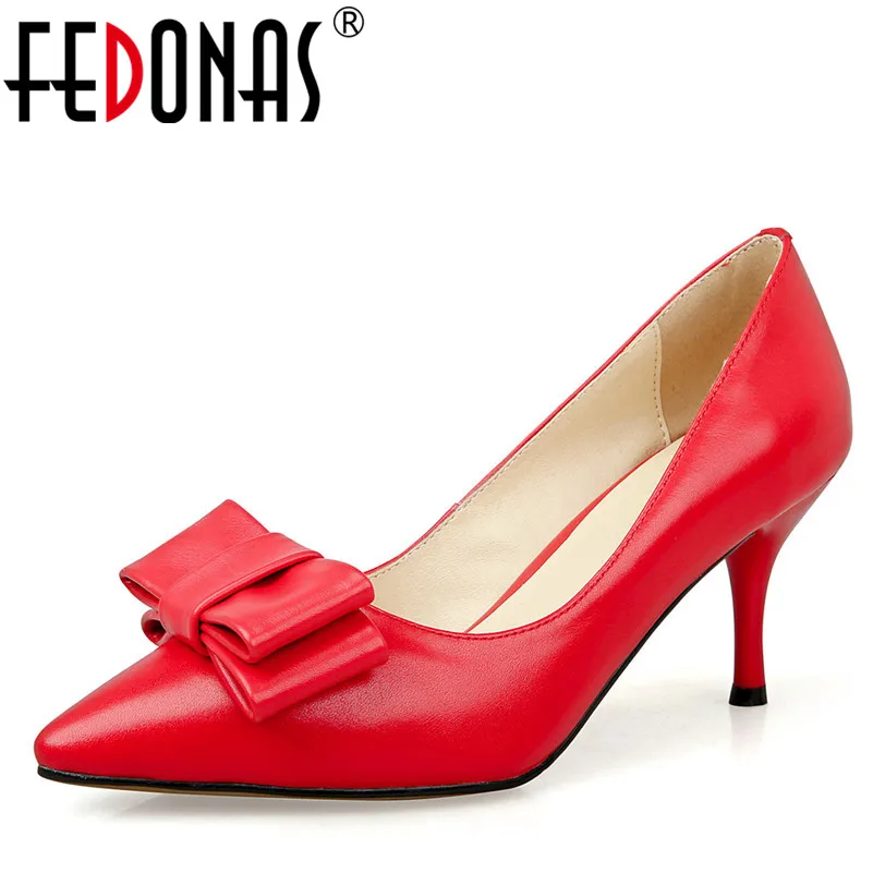 

FEDONAS 2018 New Genuine Leather Shoes For Women Sexy Butterfly Knot Sweet Wedding Party Shoes Woman Brand Pointed Toe Pumps