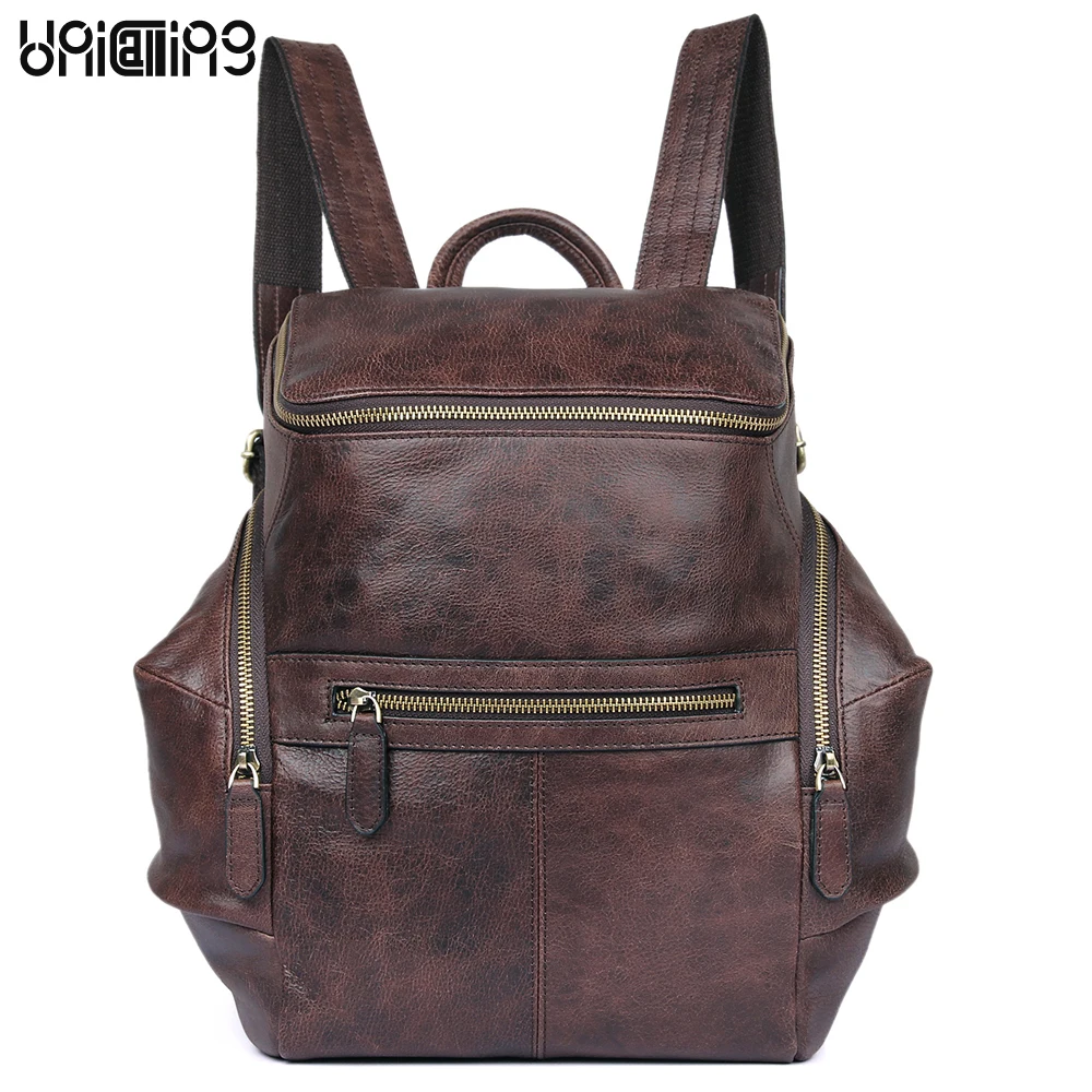 

Fashion backpack women Large capacity Retro zipper Genuine Leather backpack solid color All-match cow leather female backpack