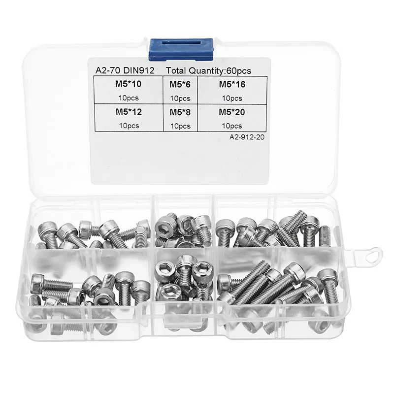 

Suleve 60Pcs M5 Stainless Steel 6-20mm Hex Socket Cap Head Screw Allen Bolt Assortment Kit New