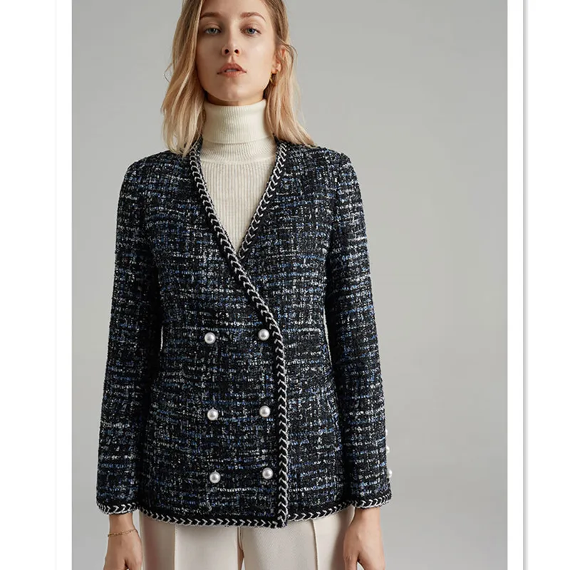 

Handmade Luxury Blazer Suits for Women Fashion Tweed V Neck Double Breasted Pearl Buttons Blazers Coat