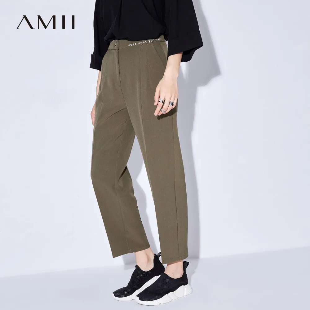 

Amii Women Minimalist Pants 2019 Solid Embroidery Straight High Waist Button Fly Female Trousers