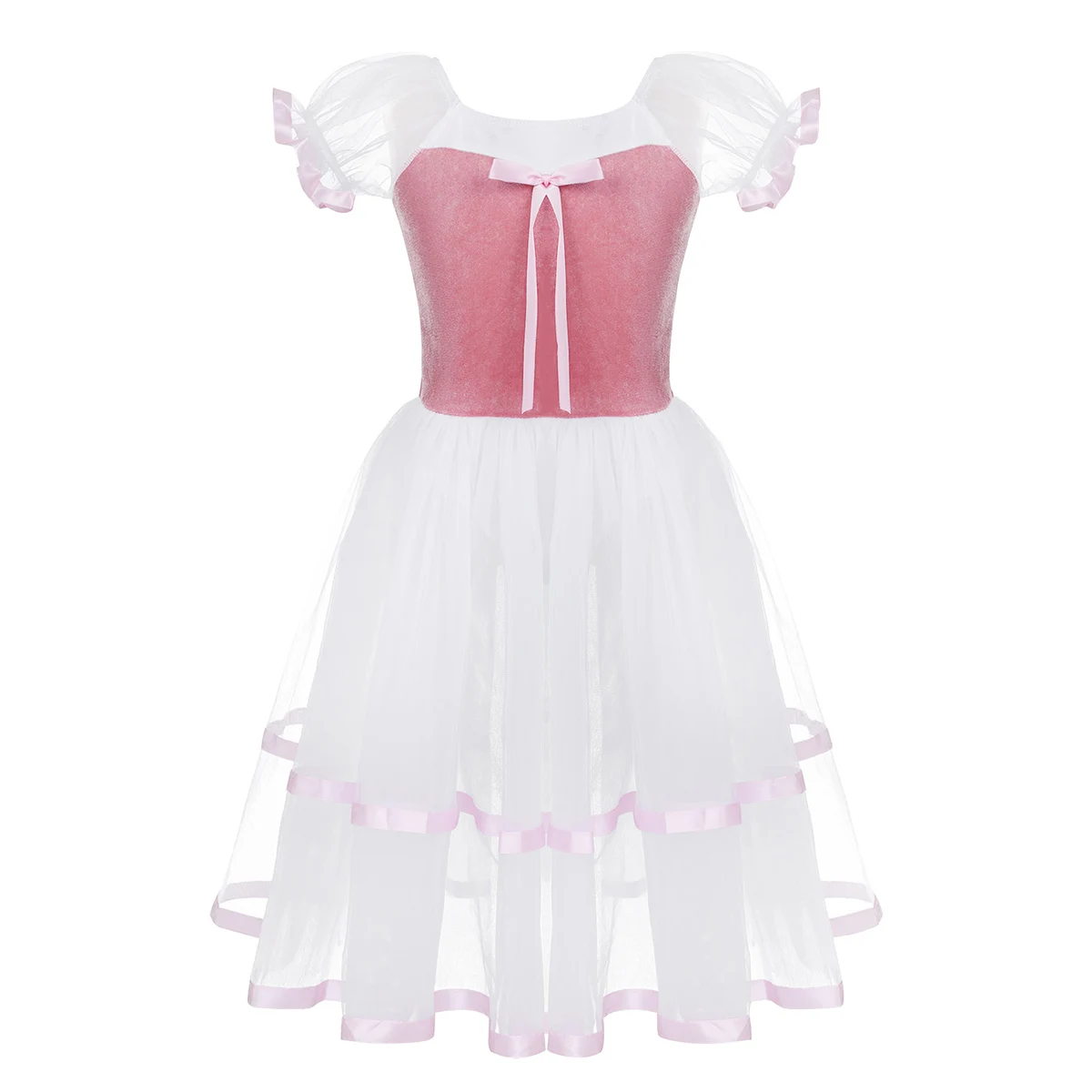 TiaoBug/детское ажурное бархатное платье с пышными рукавами и лифом для девочек, профессиональное платье-трико для балета с пачкой, длинное платье, детский костюм для лирического танца - Цвет: Pink