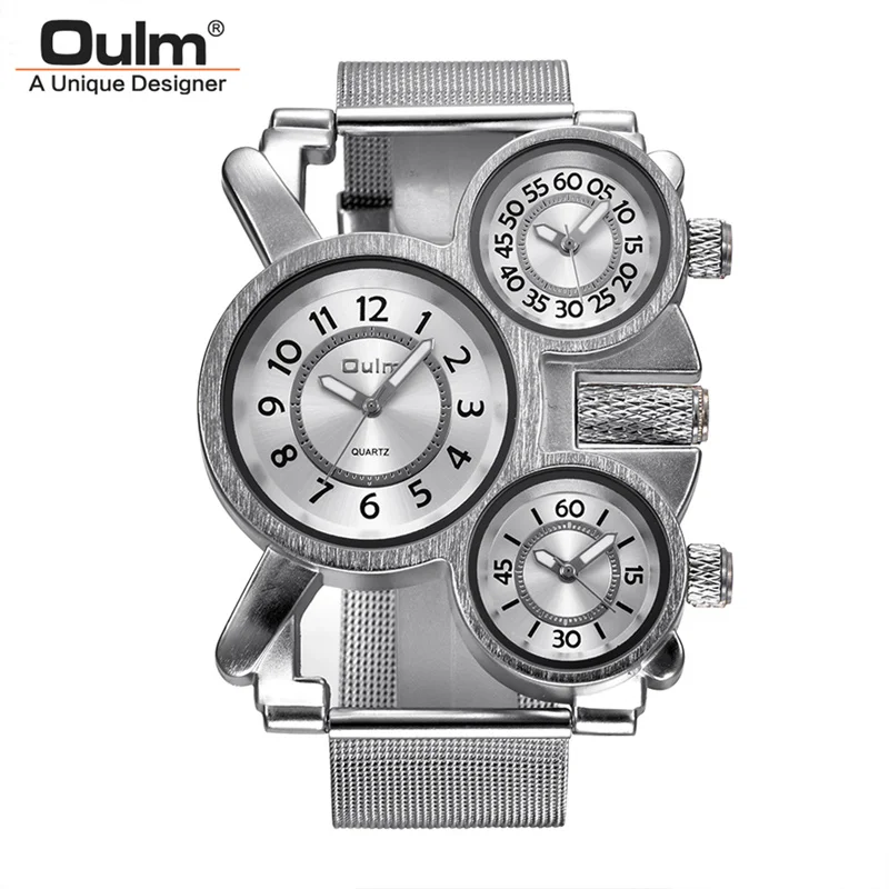 Oulm Three Time Zones Men Quartz Watches Casual Mesh Steel Leather Band Multiple Time Zone Watch Unique Sports Men's Wristwatch