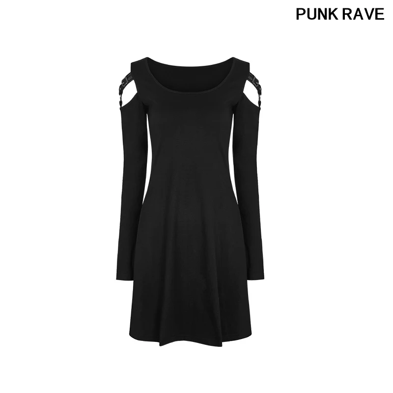 

Women Black Convenient Match Version dresses Concise Strapless Leather Loop Long Sleeve Wide Neck Slim Dress PUNK RAVE WQ-346LQF