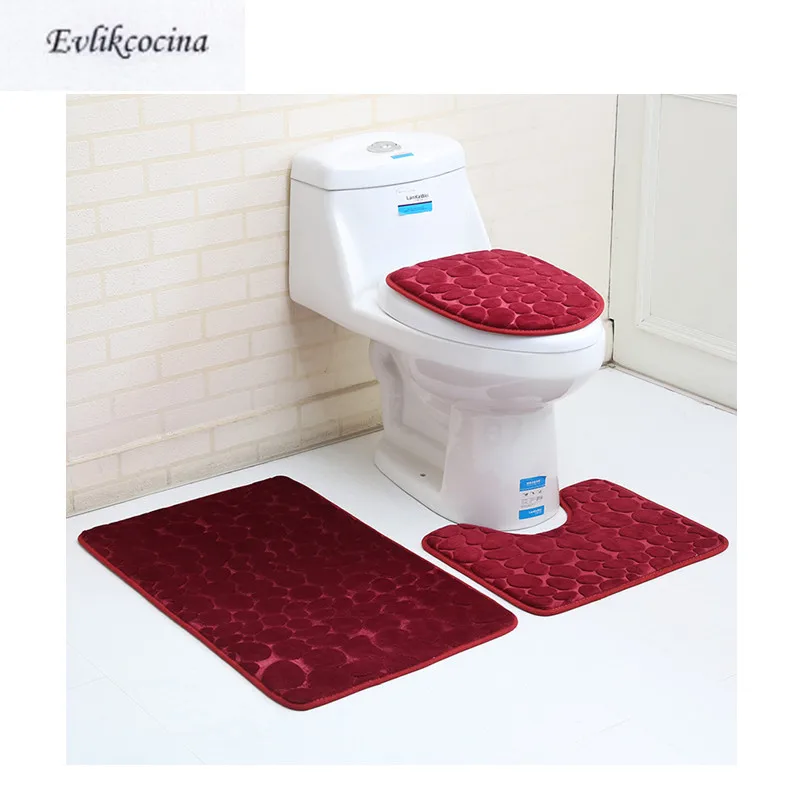 Free Shipping 3pcs Wine Red Water Absorption Flannel Bath Mat