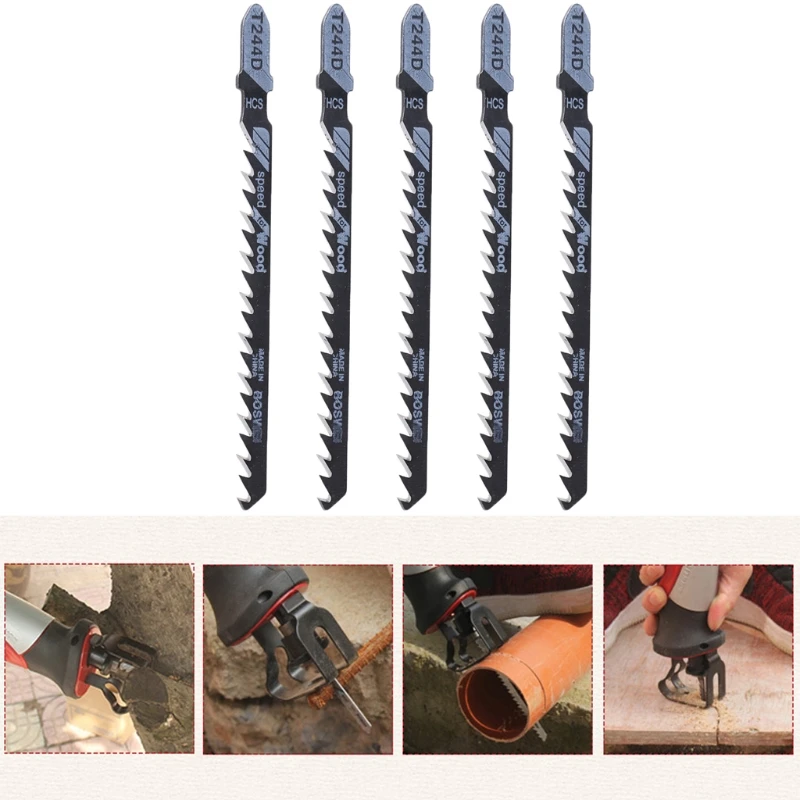 5 Pcs T244D HCS T-Shank Curved Jigsaw Blades Cutting Tool For Wood Fast Cutting