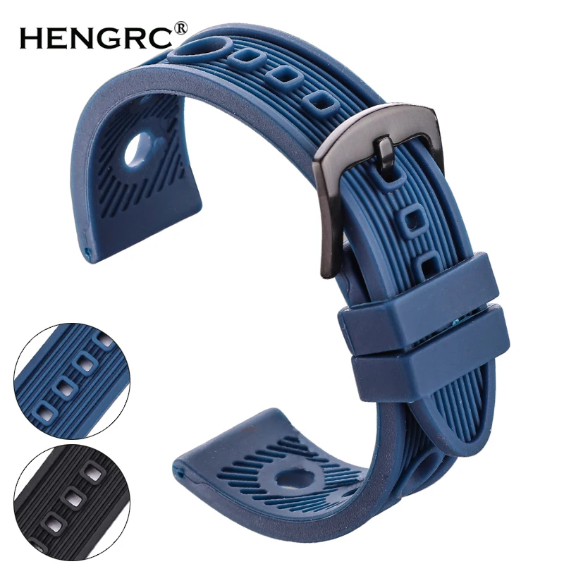 Men's Soft Diving Watch Band with Metal Pin Buckle in Black and Blue Rubber