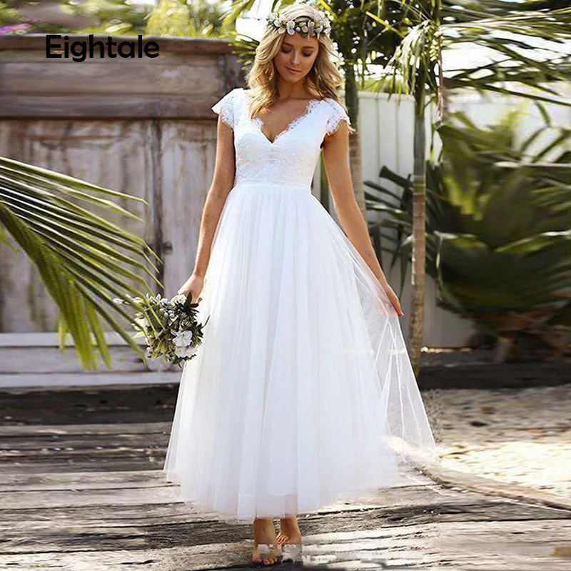 Eightal Short Wedding Dress Beach Tea Length Bride Dress Sexy V