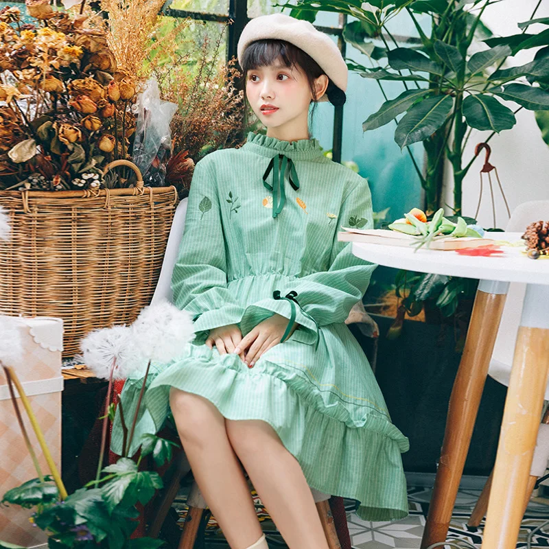 

Song Of Leaf japanese mori girl Autumn dress Emerald Green Dress Women Girls