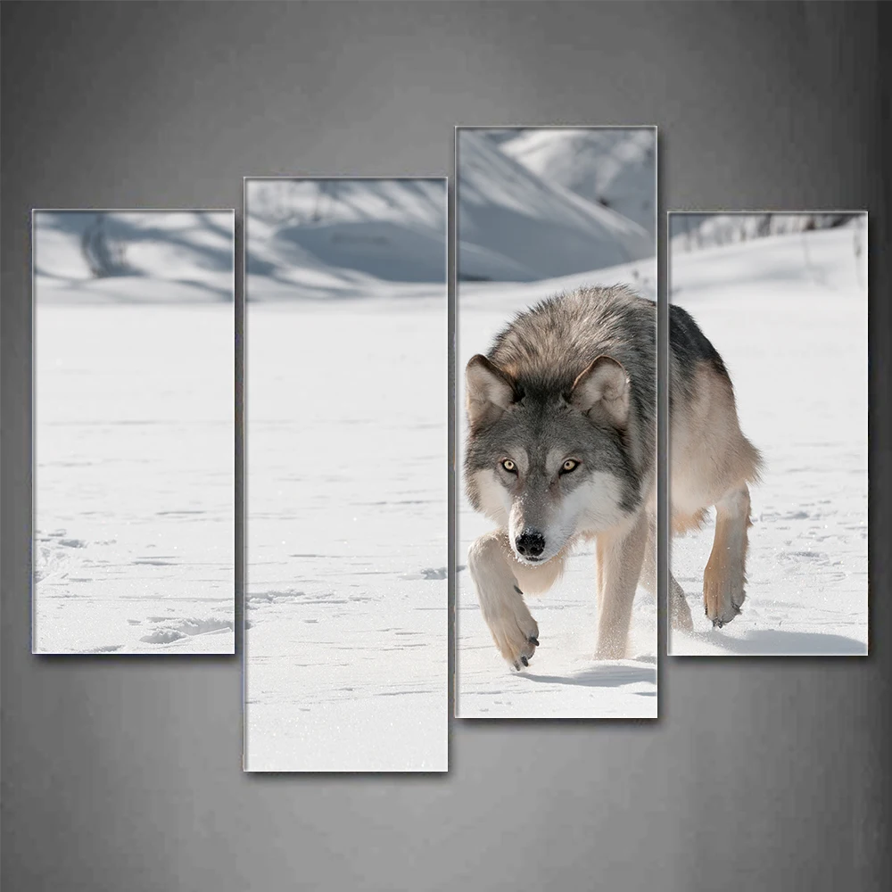 4 Pcs/Set Large Winter Animals Marching Gray Wolf In Snow Canvas Print Painting Modern Wolves