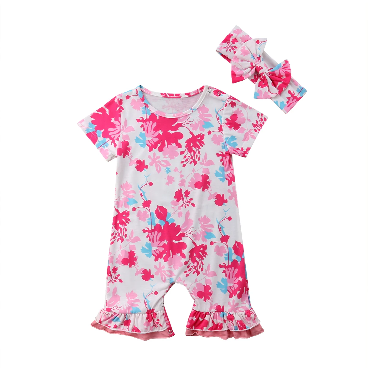 

Floral Newborn Baby Girl Summer Short Sleeve Bell-bottom Romper Jumpsuit Headband 2PCS Outfits Sunsuit Clothes
